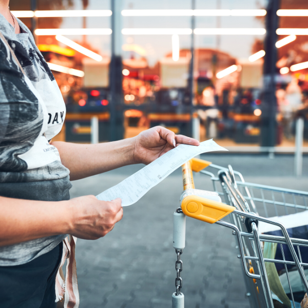 Woman looking at higher prices on receipt after shopping in
