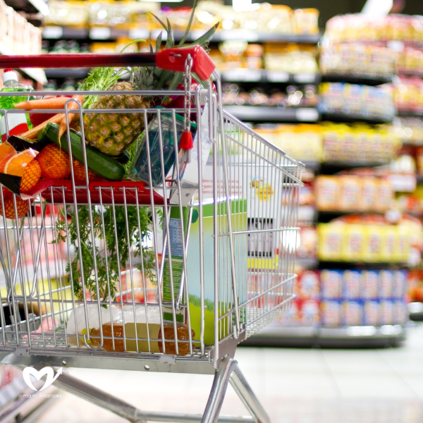 a shopping cart filled with groceries