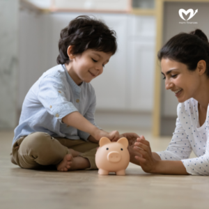 kid and young mom saving money together