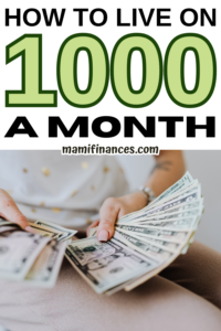 Person Holding Fan of Us Dollar Bills with text: "how to live on 1000 a month"