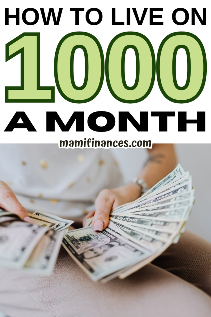Person Holding Fan of Us Dollar Bills with text: "how to live on 1000 a month"