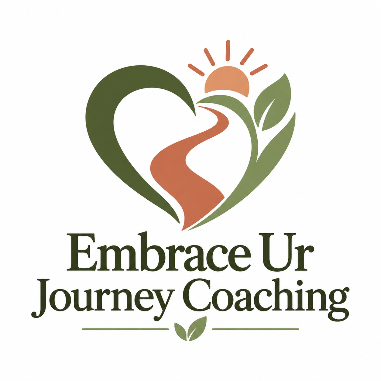 Embrace Ur Journey Coaching logo with heart-shaped path, sunrise, and leaves