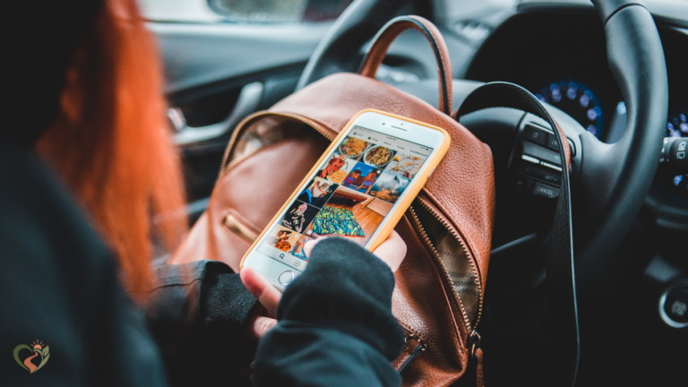 `Woman viewing social media and motherhood content on her phone during a busy day`